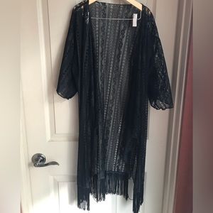 LuLaRoe Lindsay Sheer Black Lace Fringe Cardigan